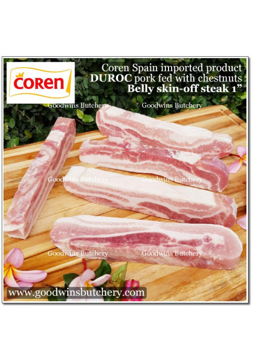 Pork belly samcan SKIN OFF Coren DUROC SELECTA Spain fed with chestnut SR (soft Single Rib) frozen STEAK 1" 2.5cm (price/pc 350g)